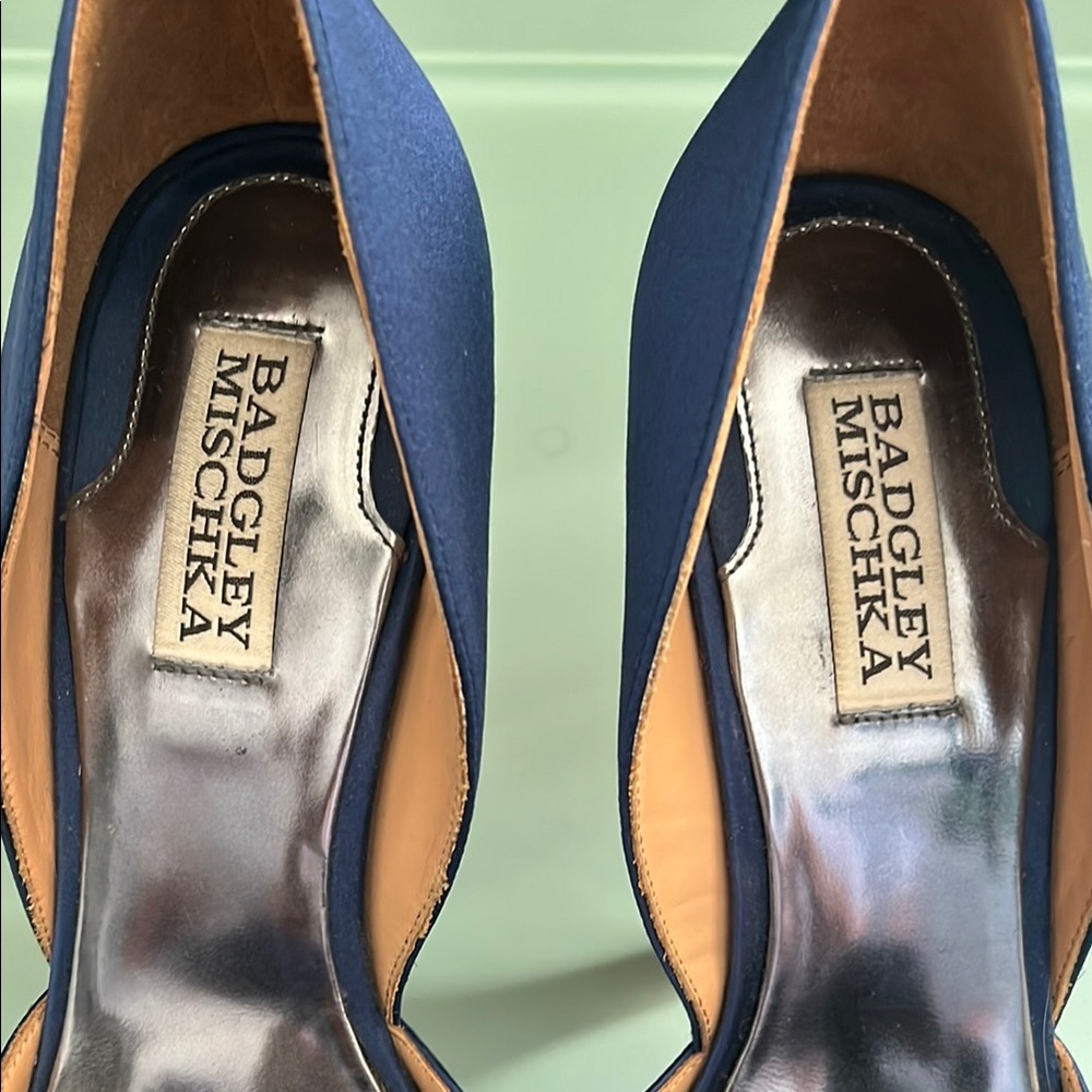 Badgley Mischka Navy Satin Bow Peep-Toe Heels - Picture 2 of 9